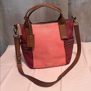 Fossil Emerson Leather Satchel Bag Convertible Shoulder Color block Pink Magenta